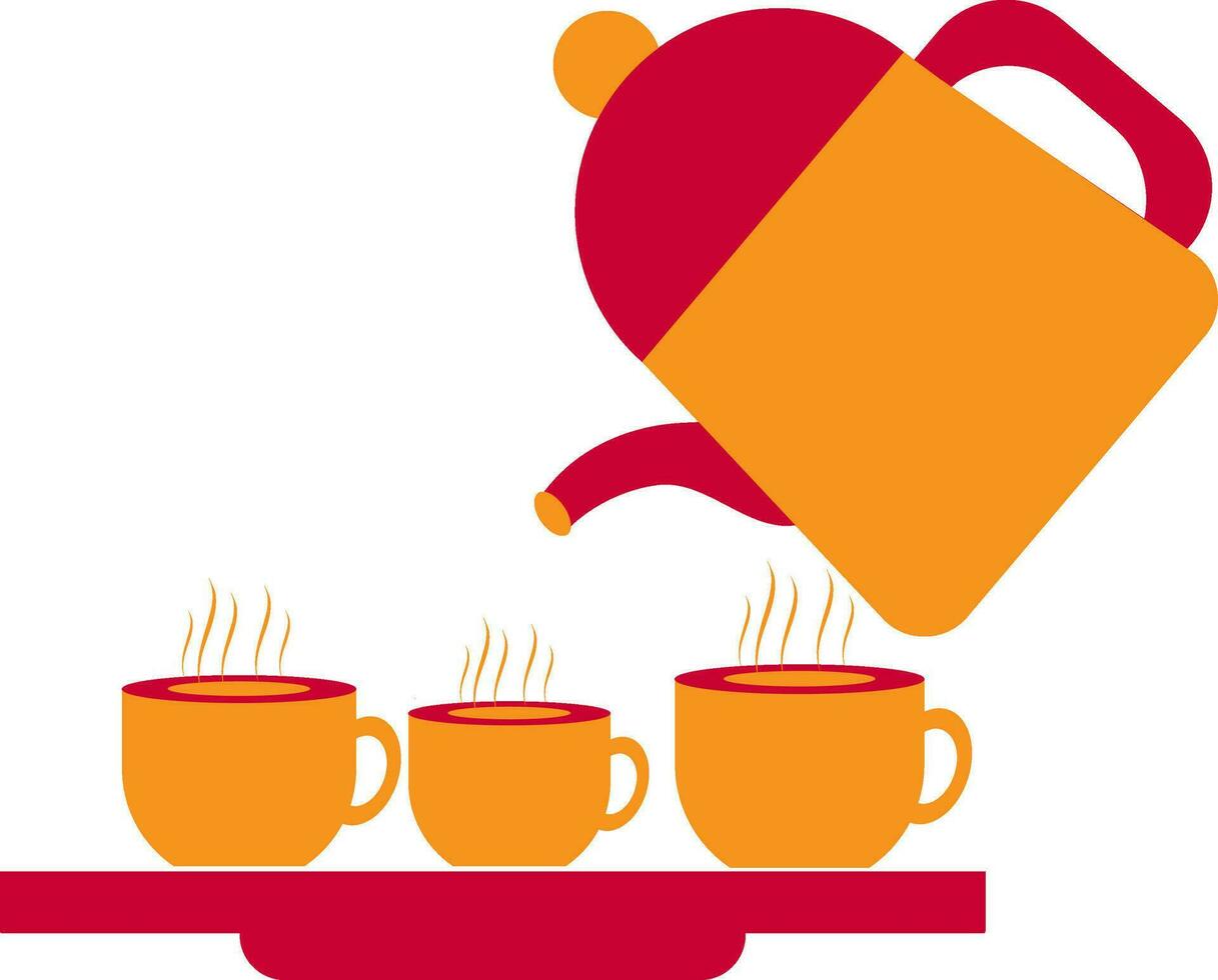 Hot tea in cup on tray with kettle. vector