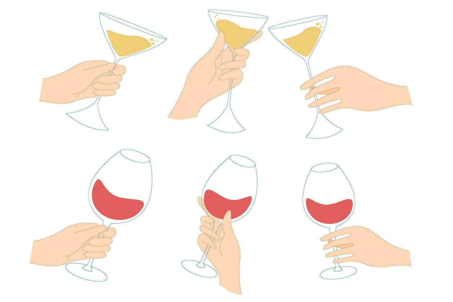 Hand with a glass of red or white wine. Celebration concept. Illustrations for the design of the holiday, party, menu, presentation, postcard. vector