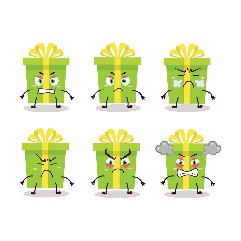 Green christmas gift cartoon character with various angry expressions vector