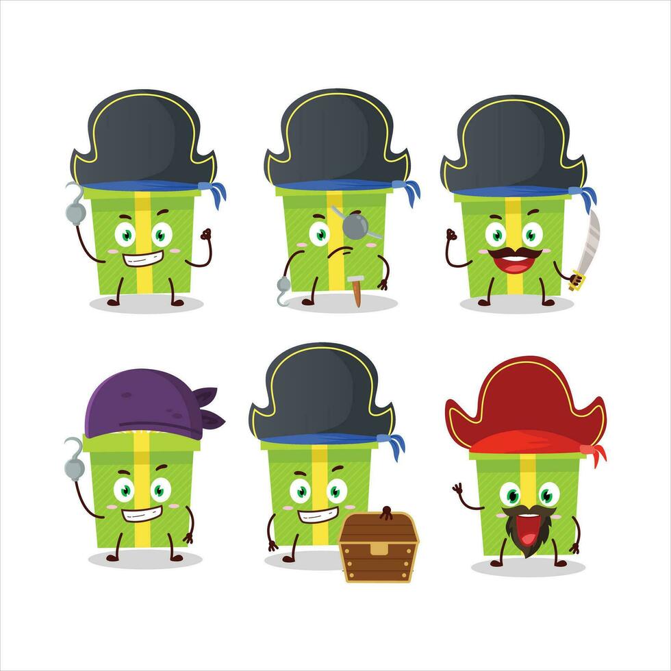 Cartoon character of green christmas gift with various pirates emoticons vector