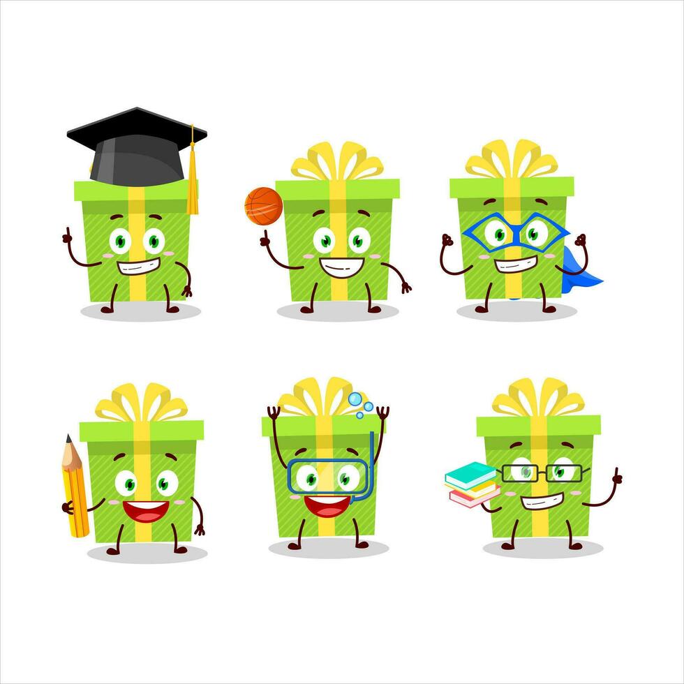 School student of green christmas gift cartoon character with various expressions vector