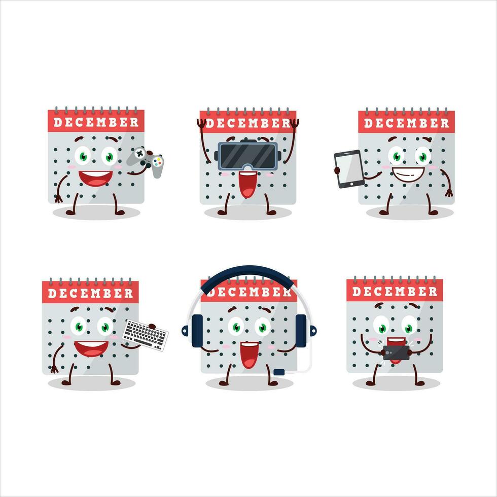 December calendar cartoon character are playing games with various cute emoticons vector