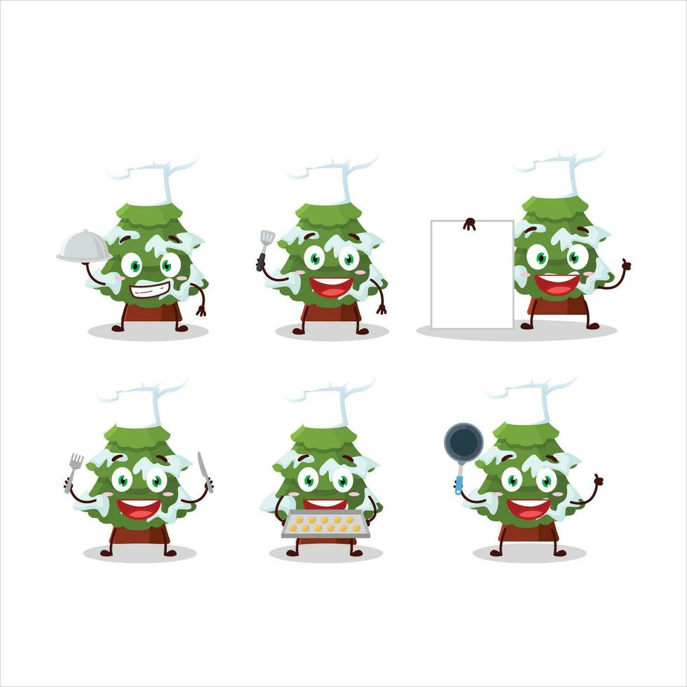 Cartoon character of green snow christmas tree with various chef emoticons vector