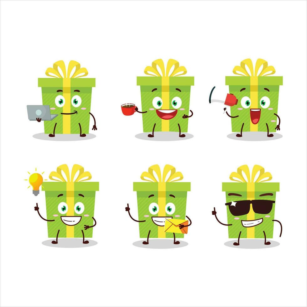 verde Navidad regalo dibujos animados personaje con varios tipos de negocio emoticones vector