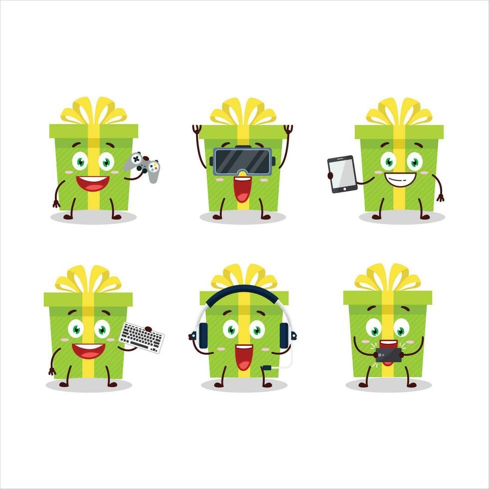 verde Navidad regalo dibujos animados personaje son jugando juegos con varios linda emoticones vector