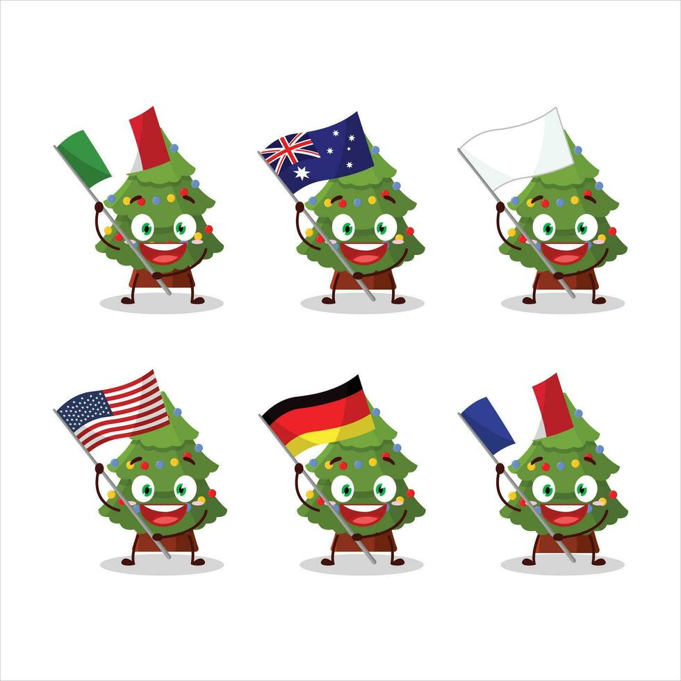 verde Navidad árbol dibujos animados personaje traer el banderas de varios países vector