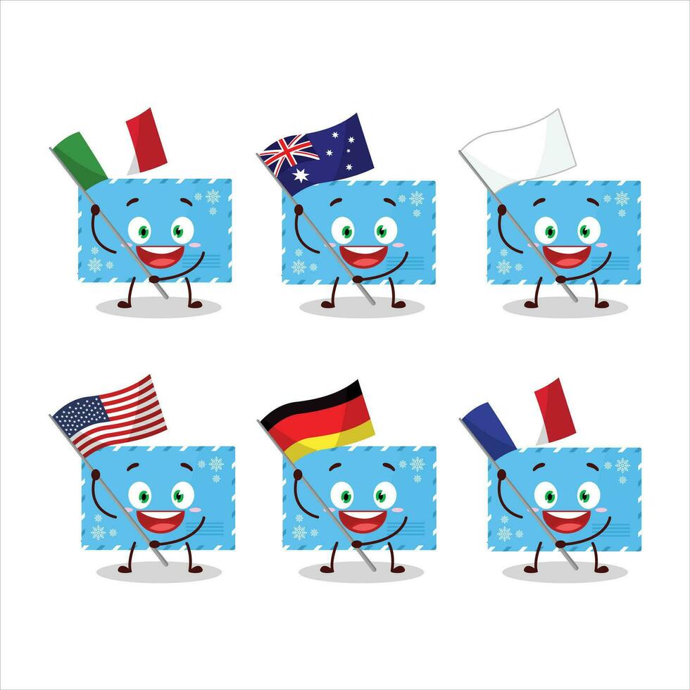 Blue christmas envelopes cartoon character bring the flags of various countries vector