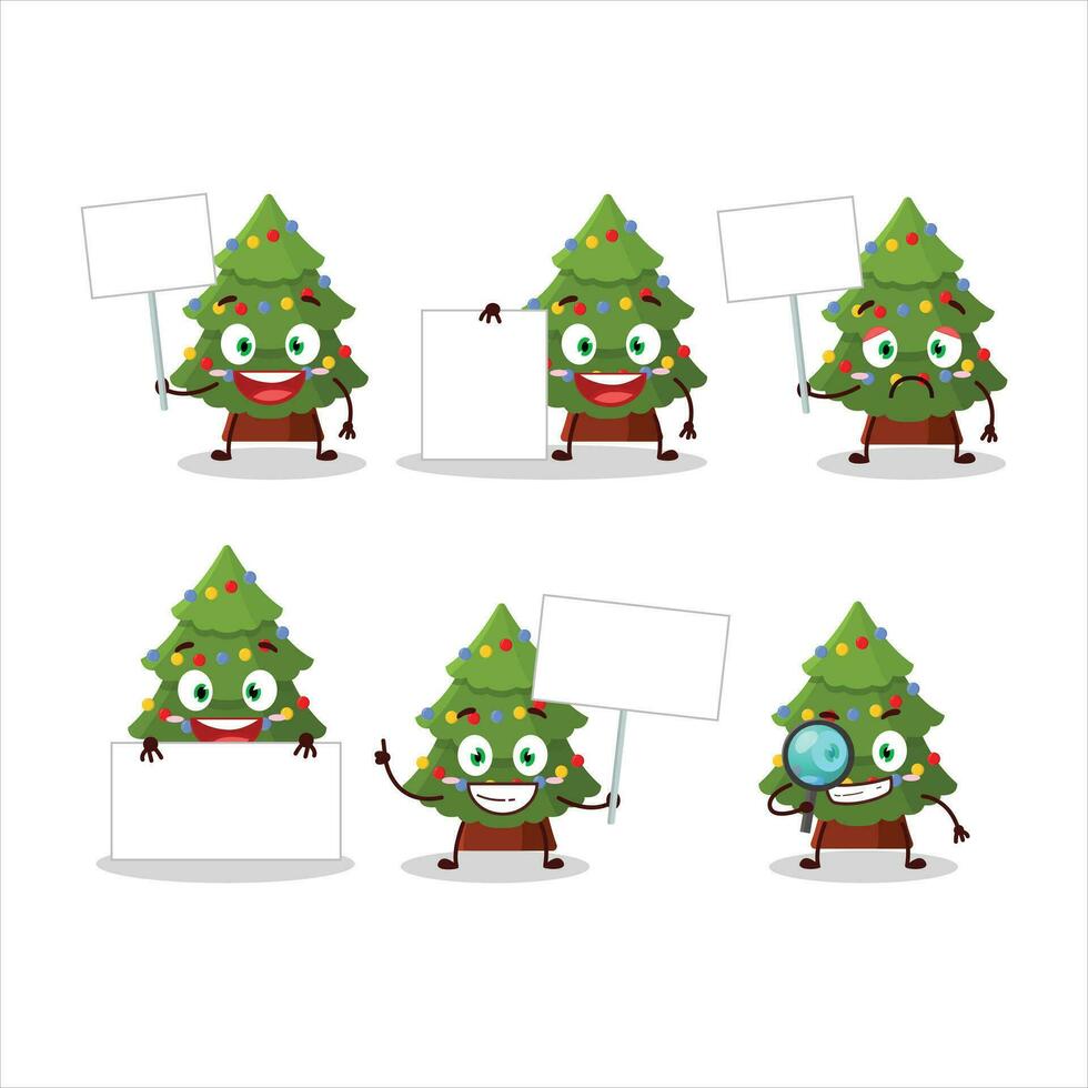 Green christmas tree cartoon character bring information board vector