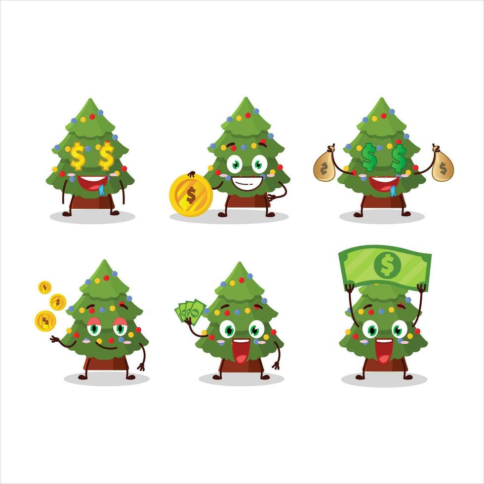 Green christmas tree cartoon character with cute emoticon bring money vector