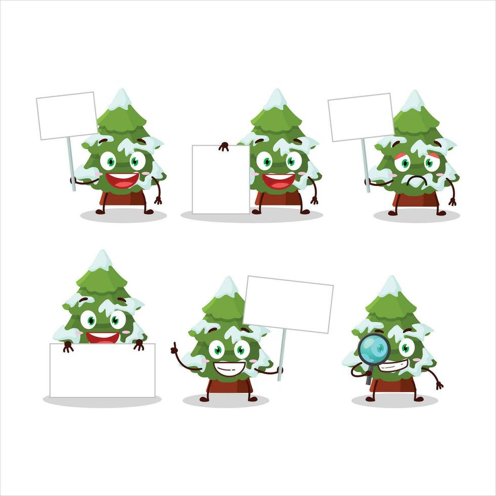 Green snow christmas tree cartoon character bring information board vector