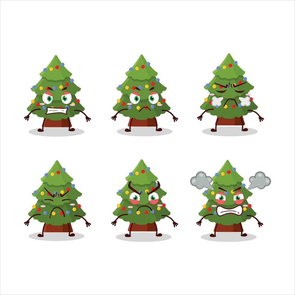 Green christmas tree cartoon character with various angry expressions vector