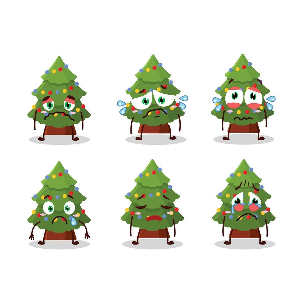 Green christmas tree cartoon character with sad expression vector