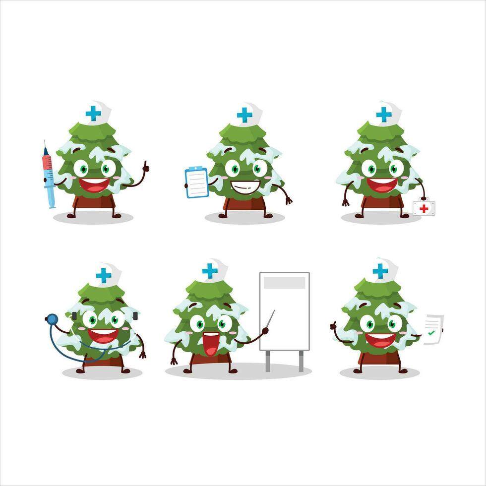 médico profesión emoticon con verde nieve Navidad árbol dibujos animados personaje vector