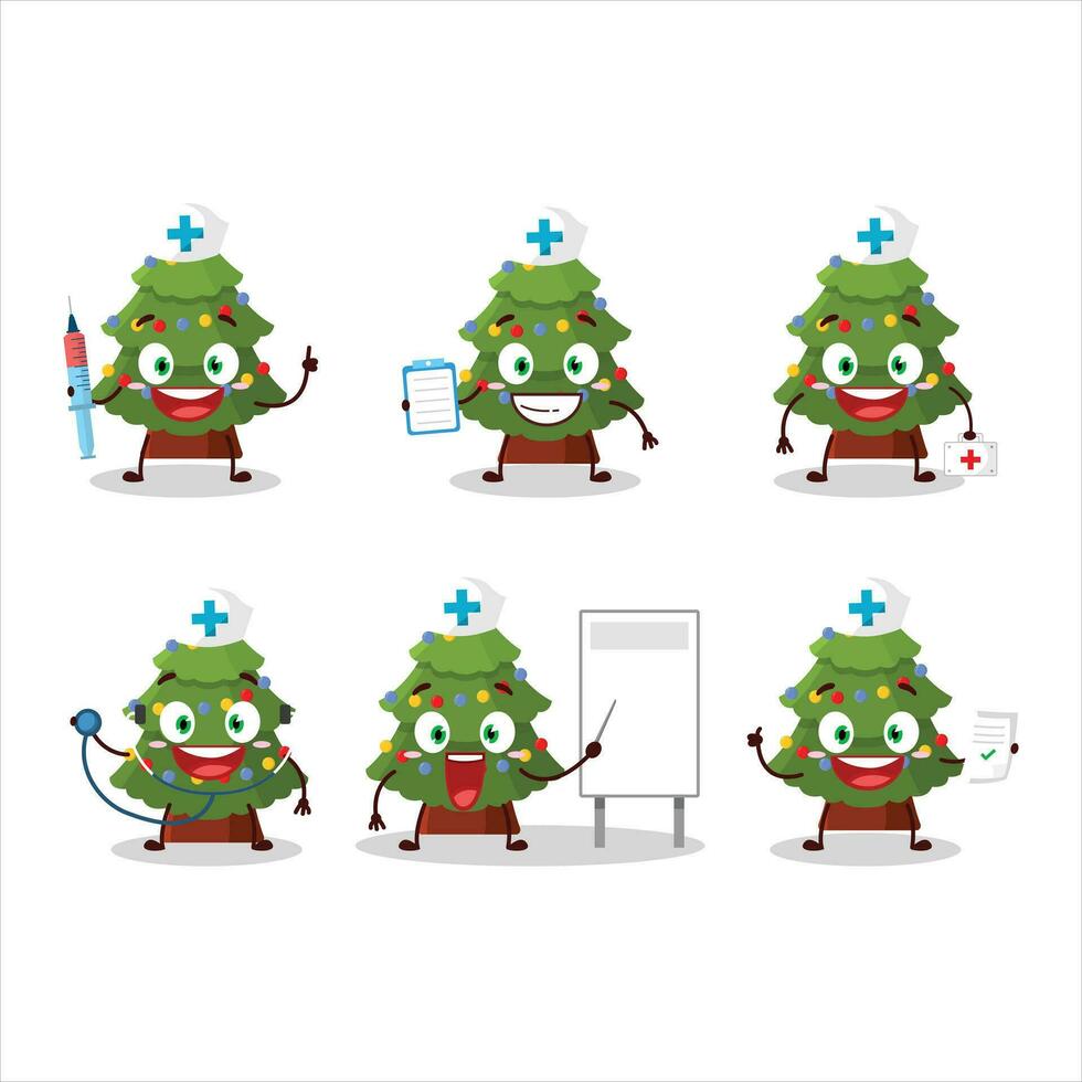 médico profesión emoticon con verde Navidad árbol dibujos animados personaje vector