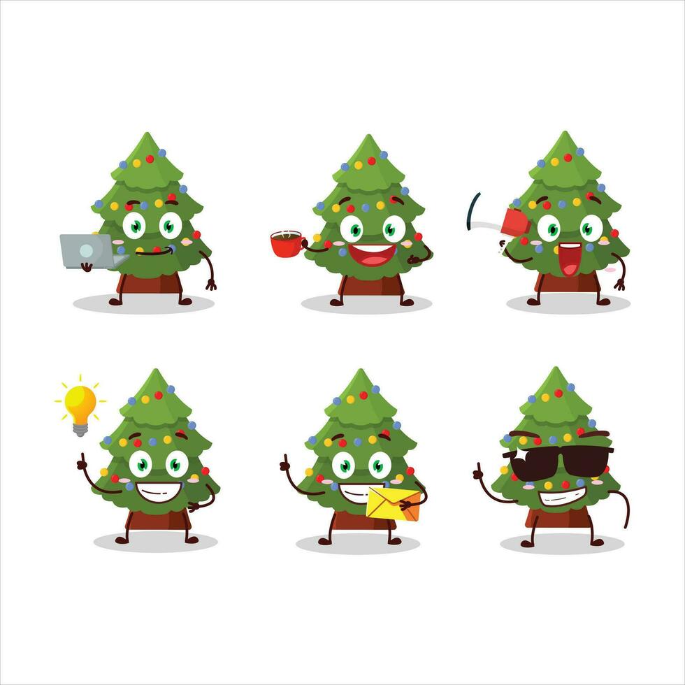 verde Navidad árbol dibujos animados personaje con varios tipos de negocio emoticones vector