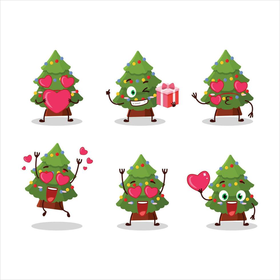 Green christmas tree cartoon character with love cute emoticon vector