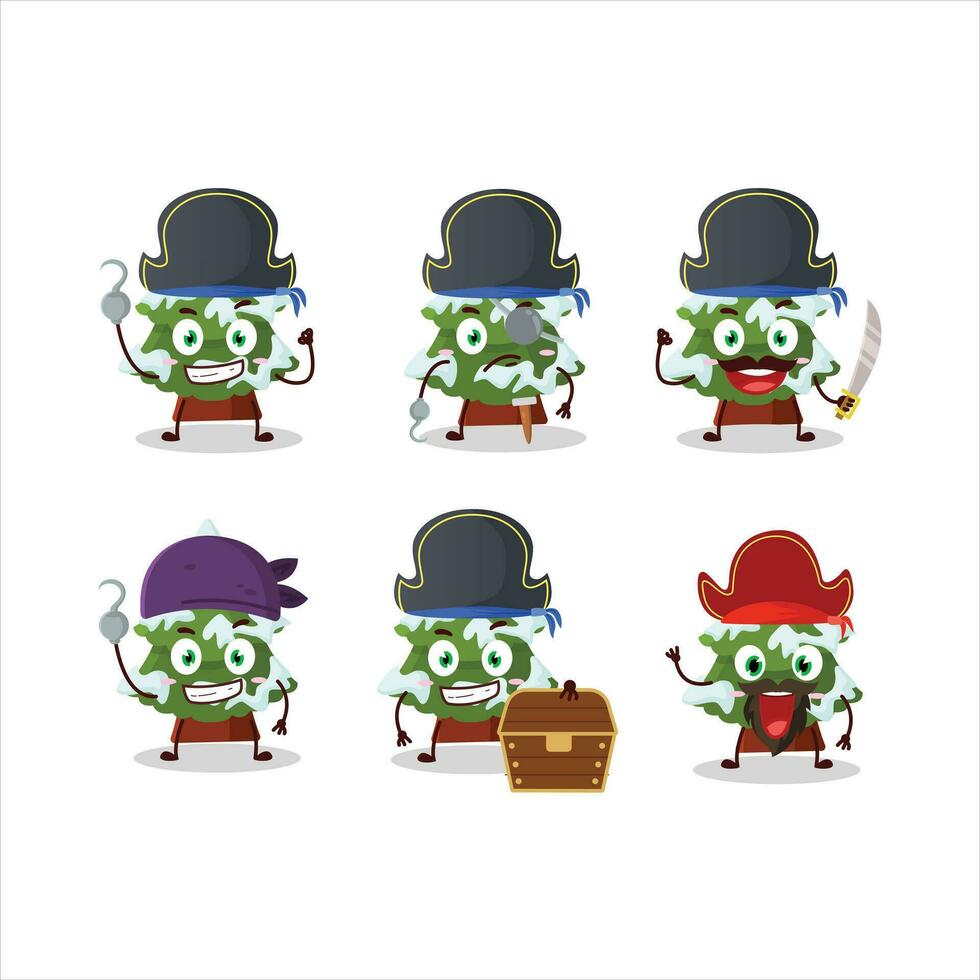 Cartoon character of green snow christmas tree with various pirates emoticons vector