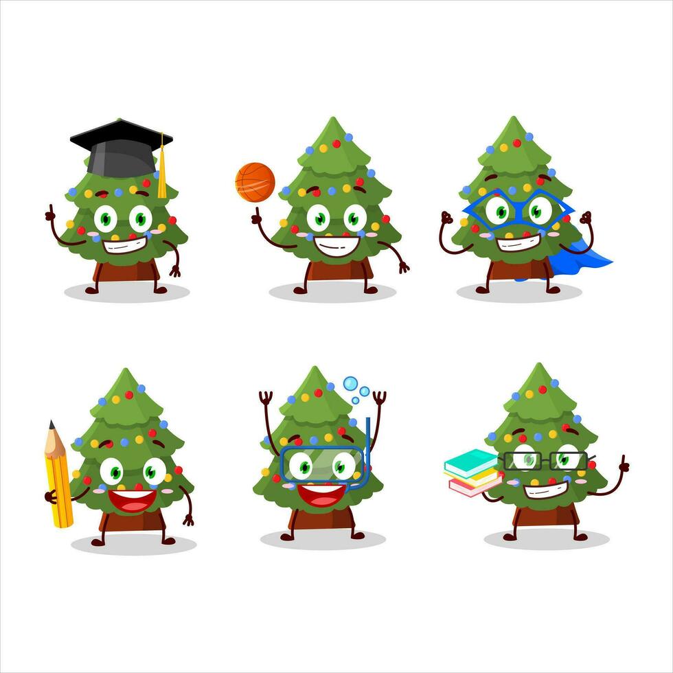 School student of green christmas tree cartoon character with various expressions vector