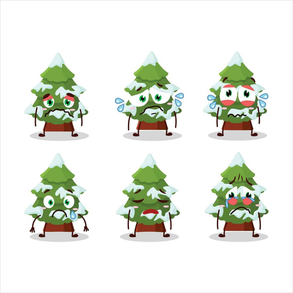 Green snow christmas tree cartoon character with sad expression vector