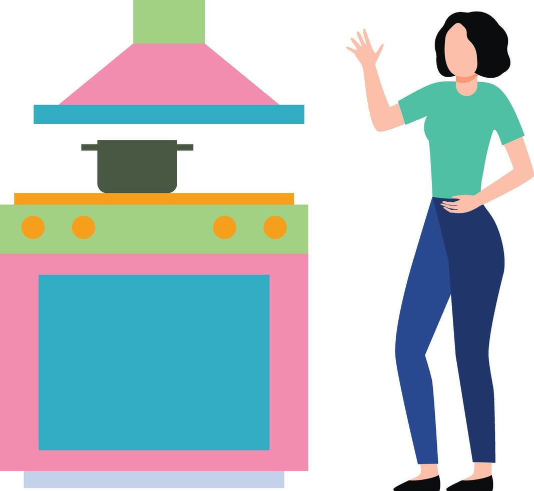 The girl is standing in the kitchen. vector