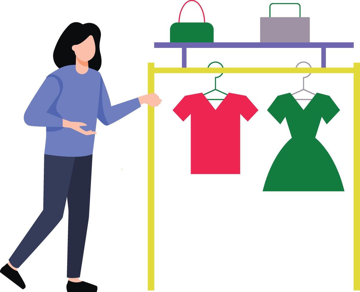 The girl is looking at the clothes. vector