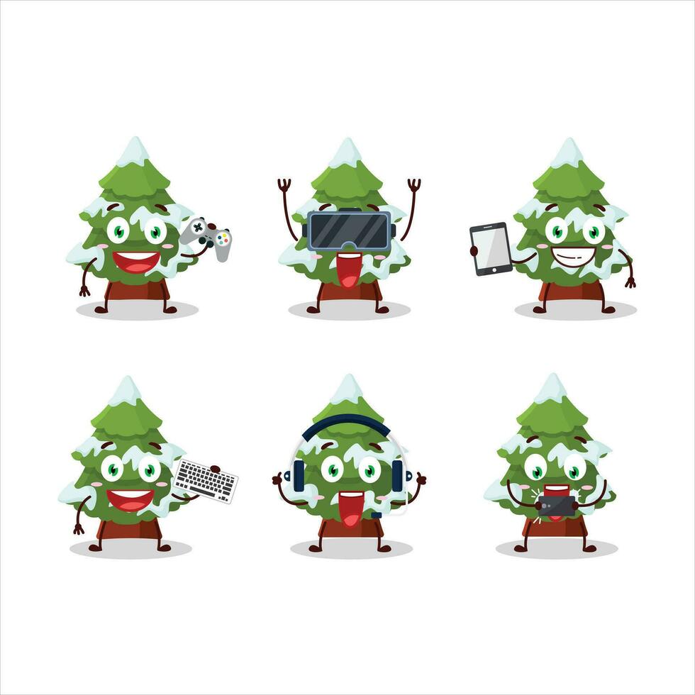 verde nieve Navidad árbol dibujos animados personaje son jugando juegos con varios linda emoticones vector