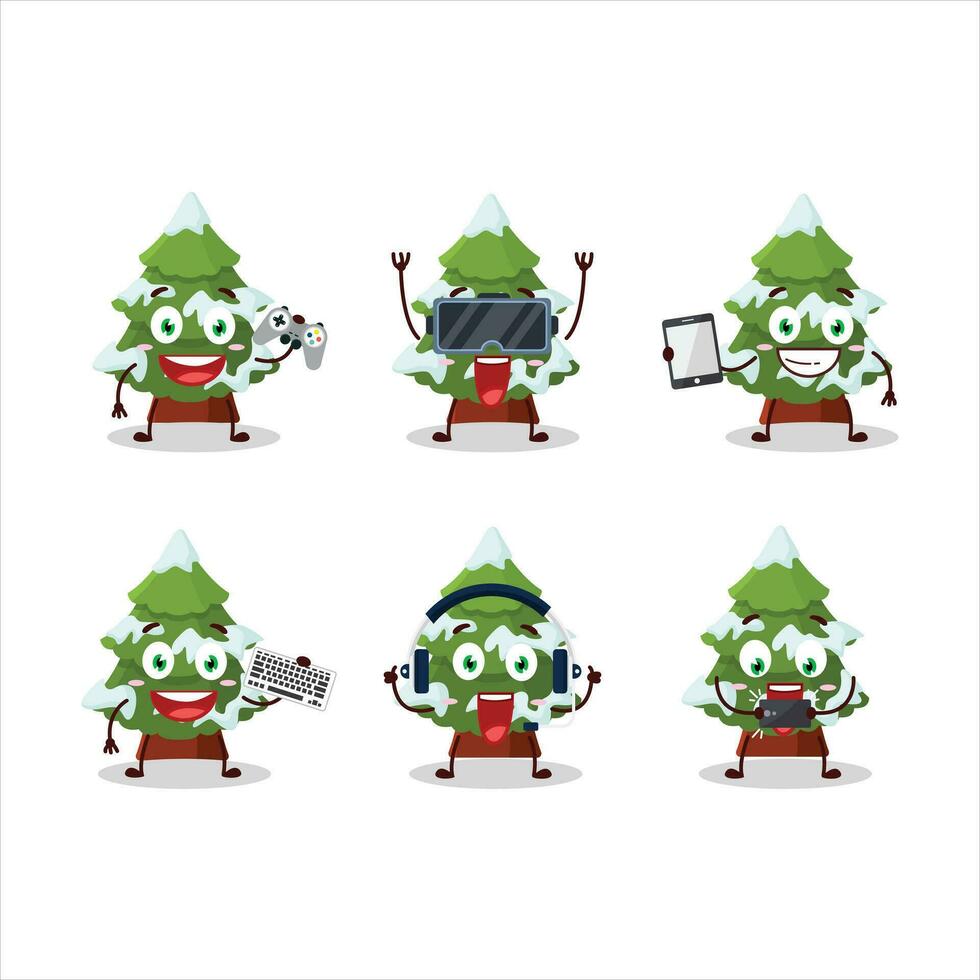 Green snow christmas tree cartoon character are playing games with various cute emoticons vector