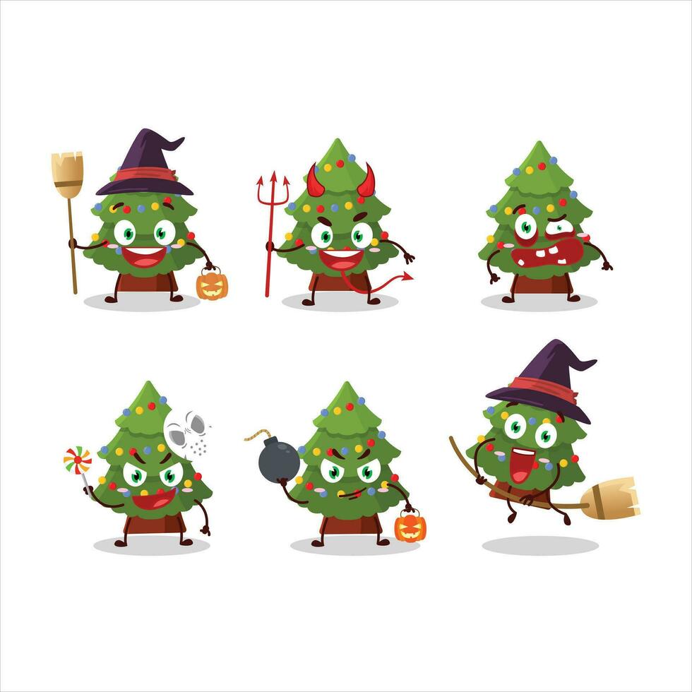 Halloween expression emoticons with cartoon character of green christmas tree vector