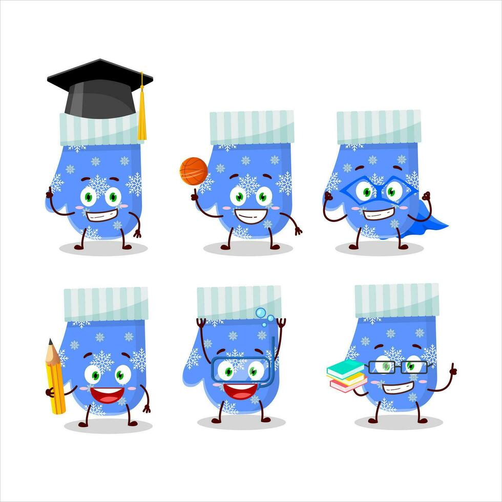 colegio estudiante de azul guantes dibujos animados personaje con varios expresiones vector