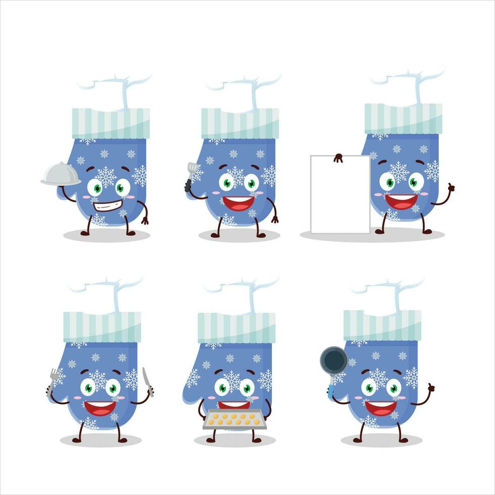 dibujos animados personaje de azul guantes con varios cocinero emoticones vector