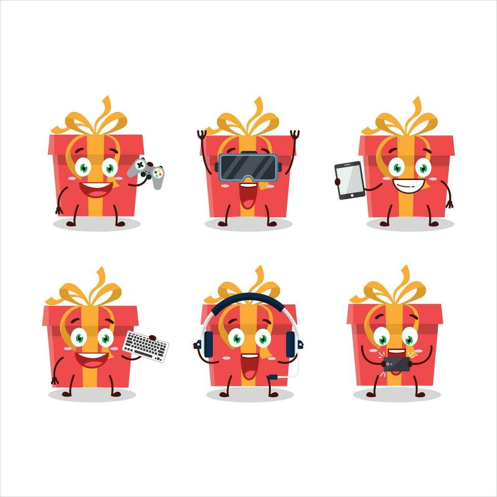 Red christmas gift cartoon character are playing games with various cute emoticons vector