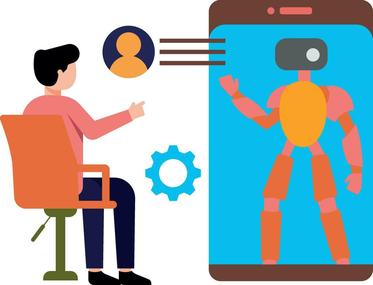 Boy talking to robot on mobile. vector