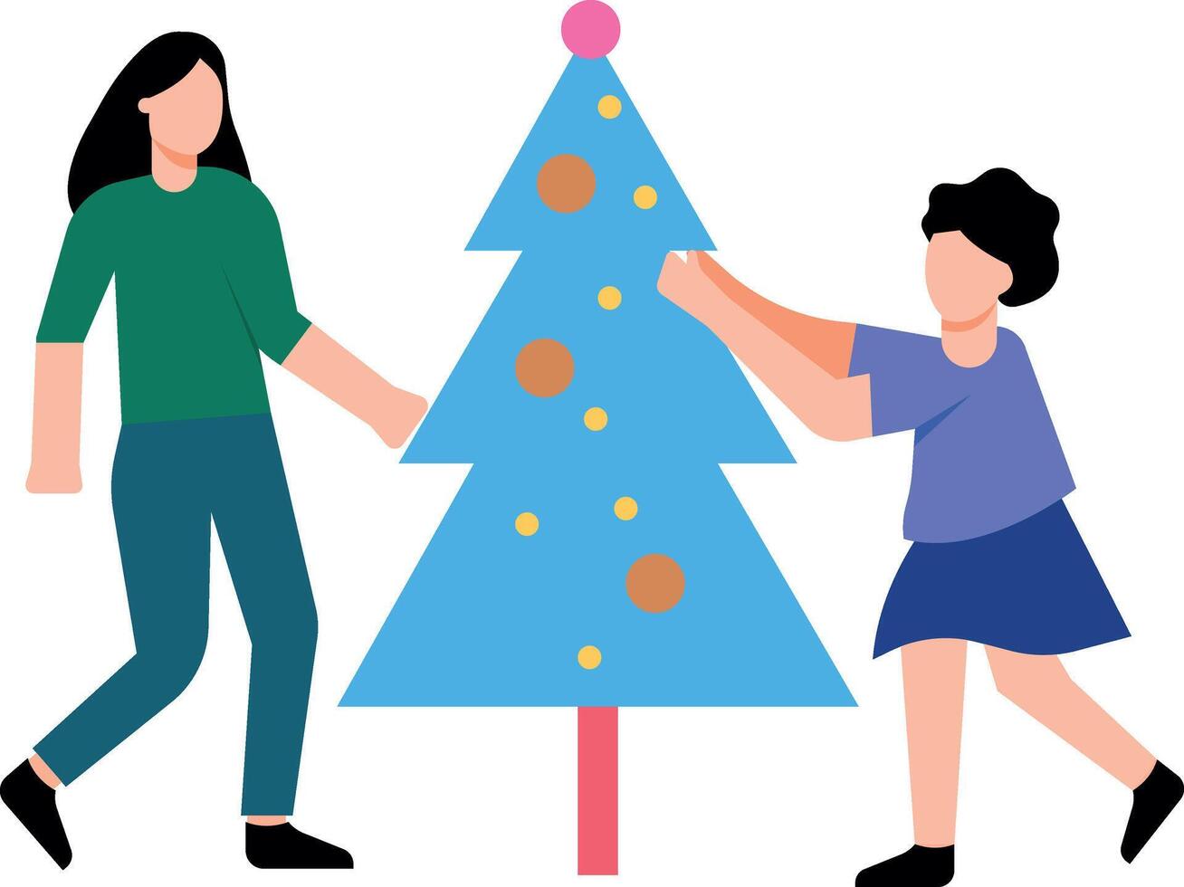 Mother and daughter are decorating the Christmas tree. vector