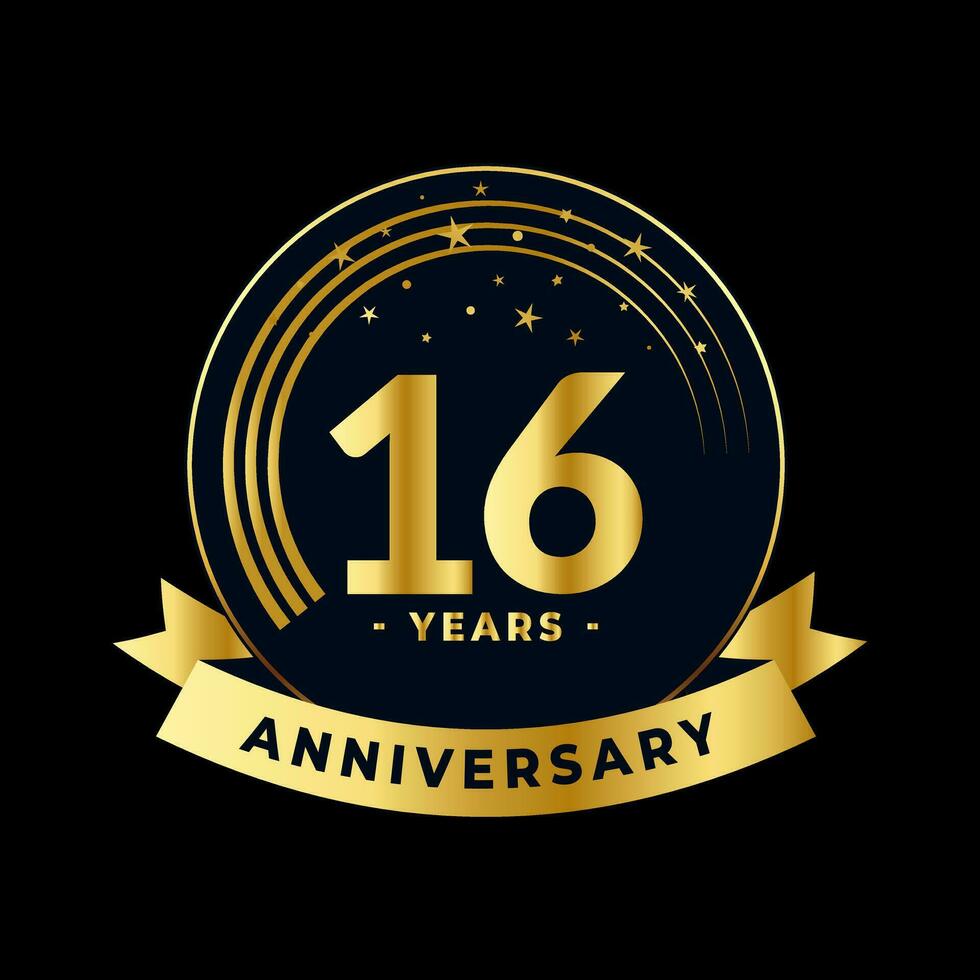 Sixteen Years Anniversary Gold and Black Isolated Vector