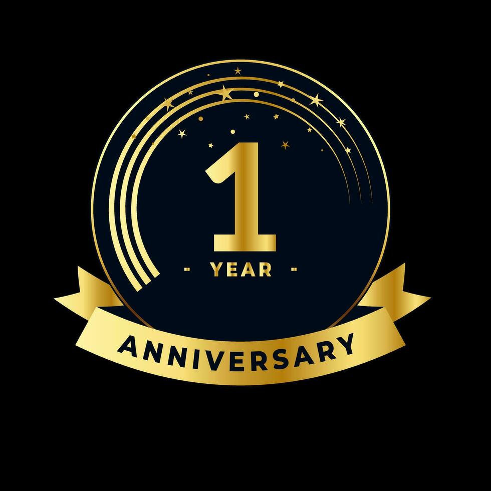First Year Anniversary Gold and Black Design Isolated Vector