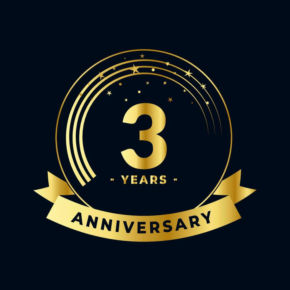 Three Years Anniversary Gold and Black Design Isolated Vector