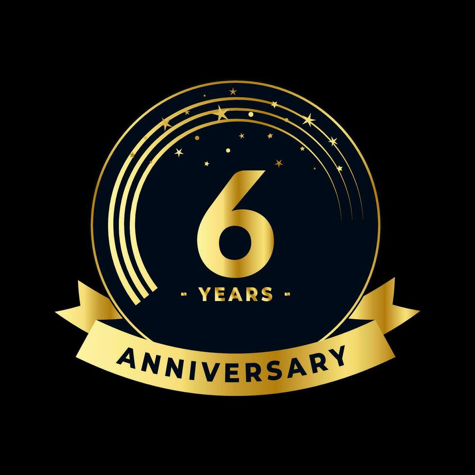 Six Years Anniversary Gold and Black Design Isolated Vector