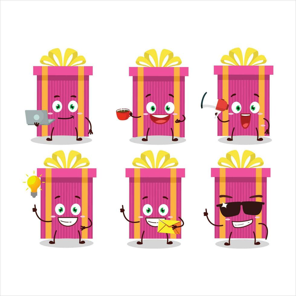 Pink christmas gift cartoon character with various types of business emoticons vector