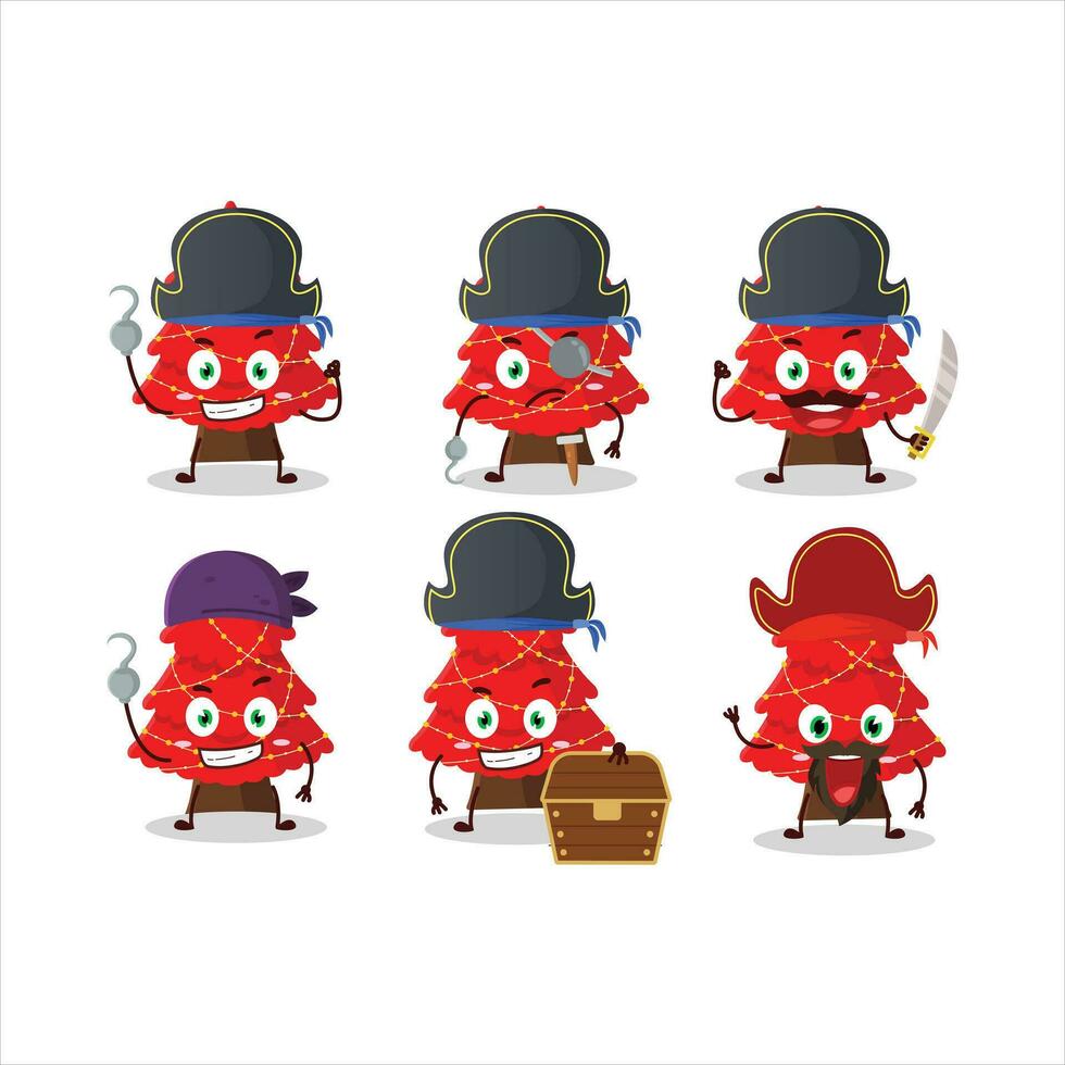 dibujos animados personaje de rojo Navidad árbol con varios piratas emoticones vector