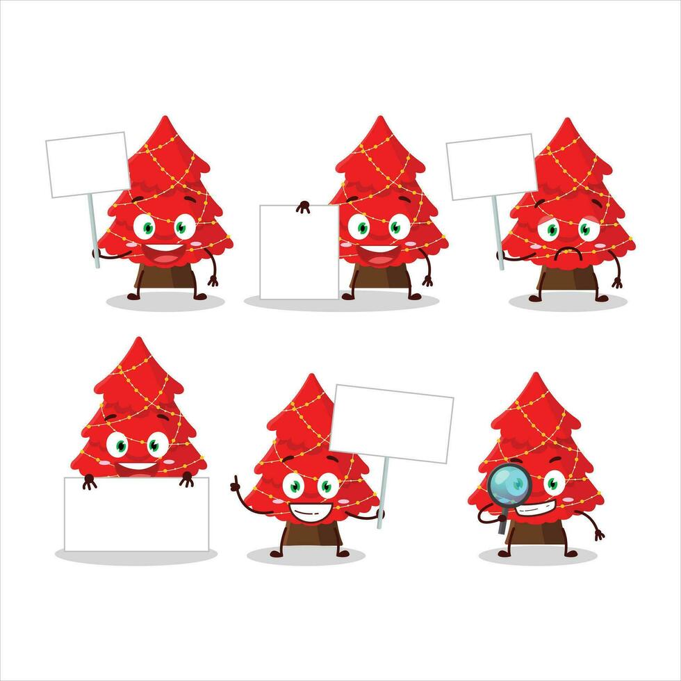 Red christmas tree cartoon character bring information board vector