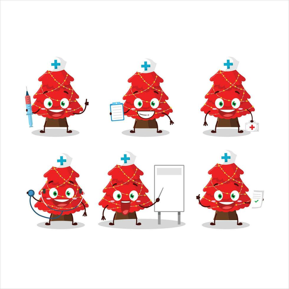 médico profesión emoticon con rojo Navidad árbol dibujos animados personaje vector