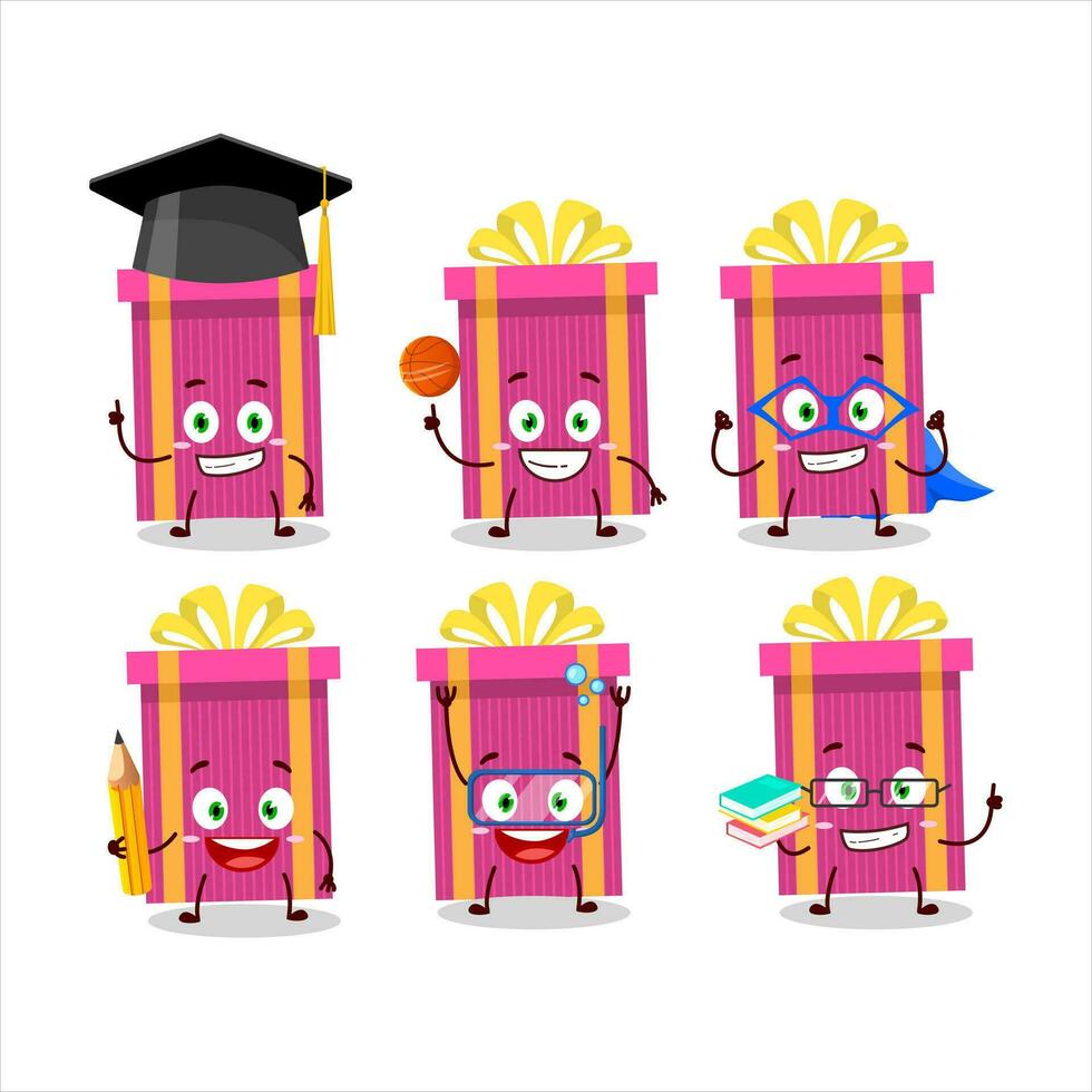 School student of pink christmas gift cartoon character with various expressions vector