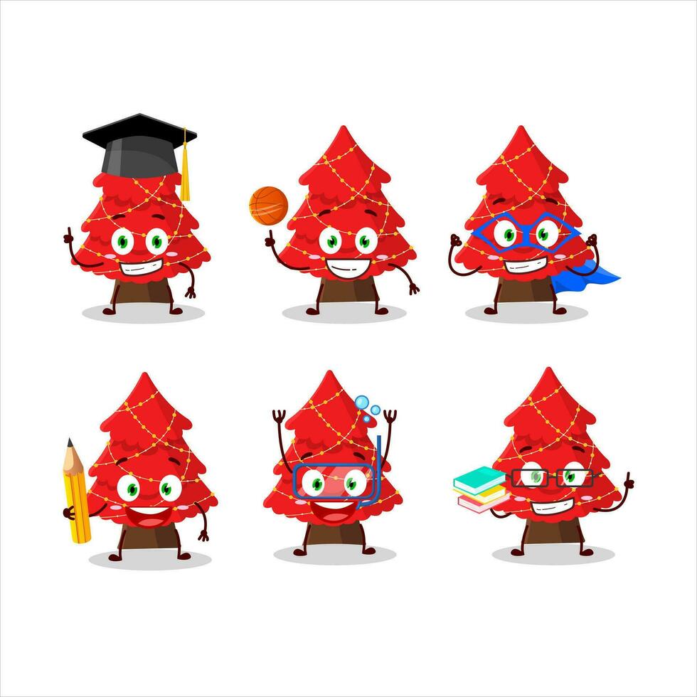 School student of red christmas tree cartoon character with various expressions vector