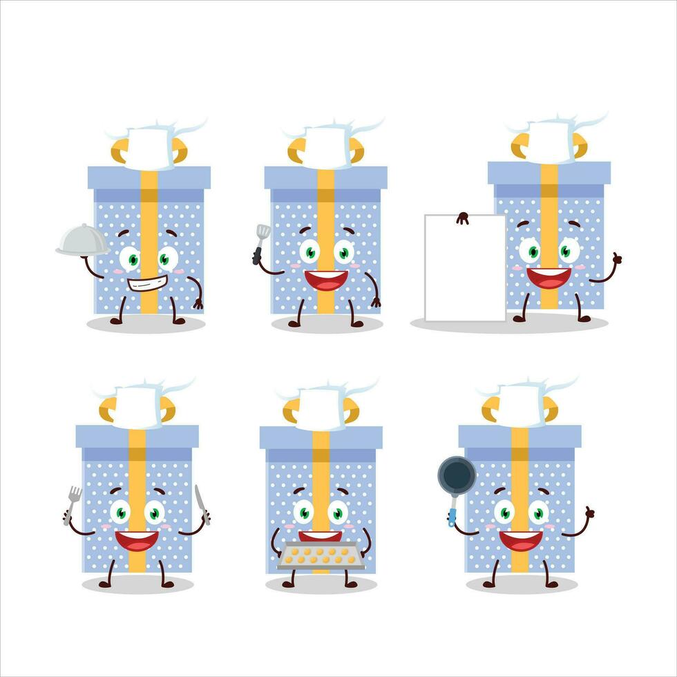 dibujos animados personaje de azul Navidad regalo con varios cocinero emoticones vector