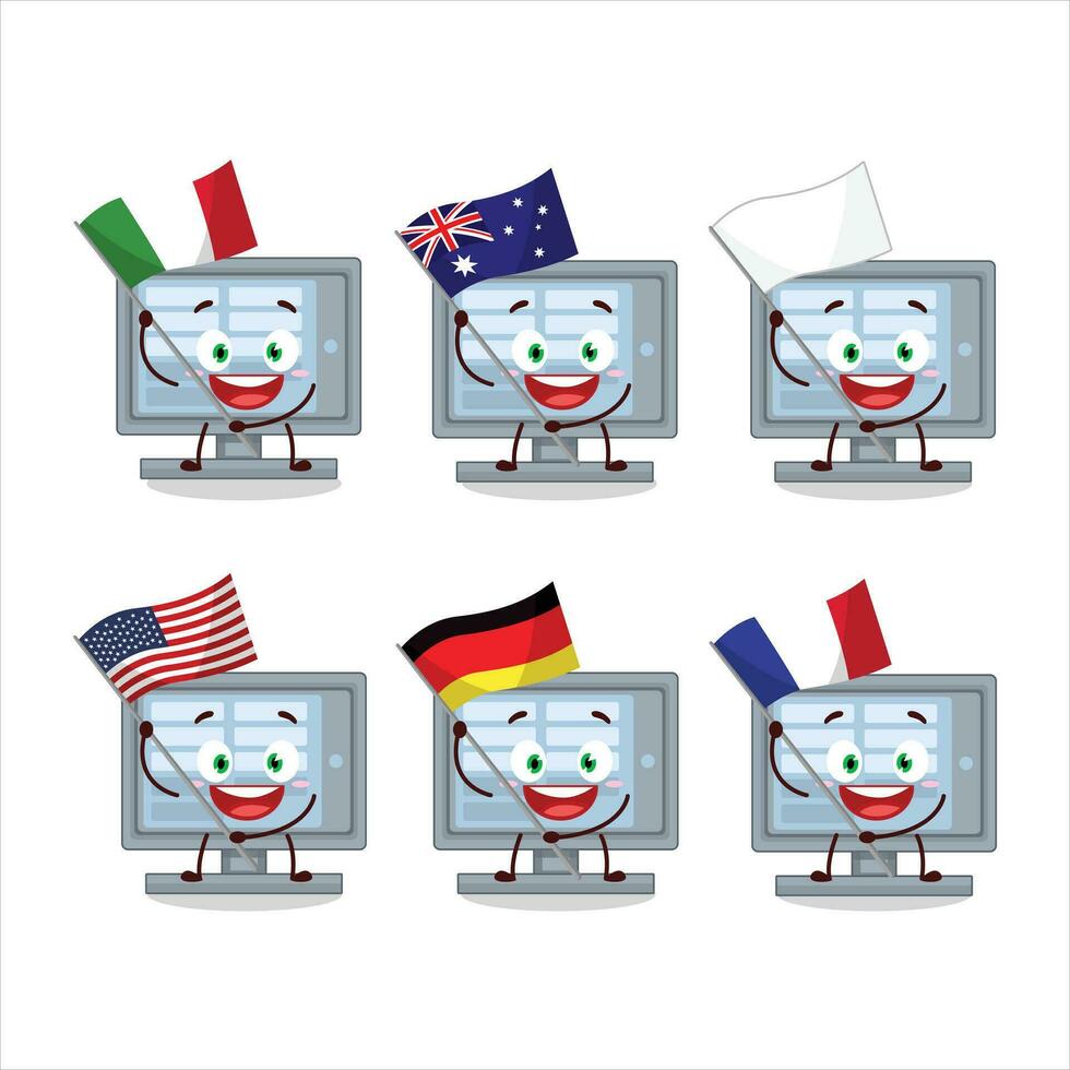 monitor dibujos animados personaje traer el banderas de varios países vector