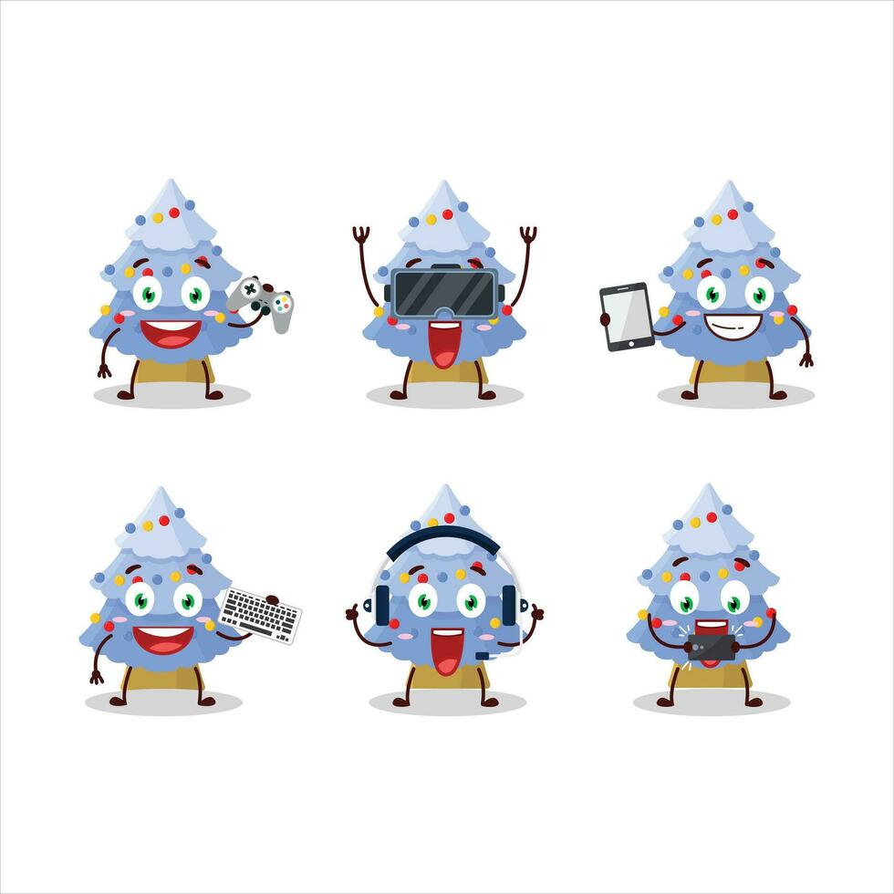 Blue christmas tree cartoon character are playing games with various cute emoticons vector