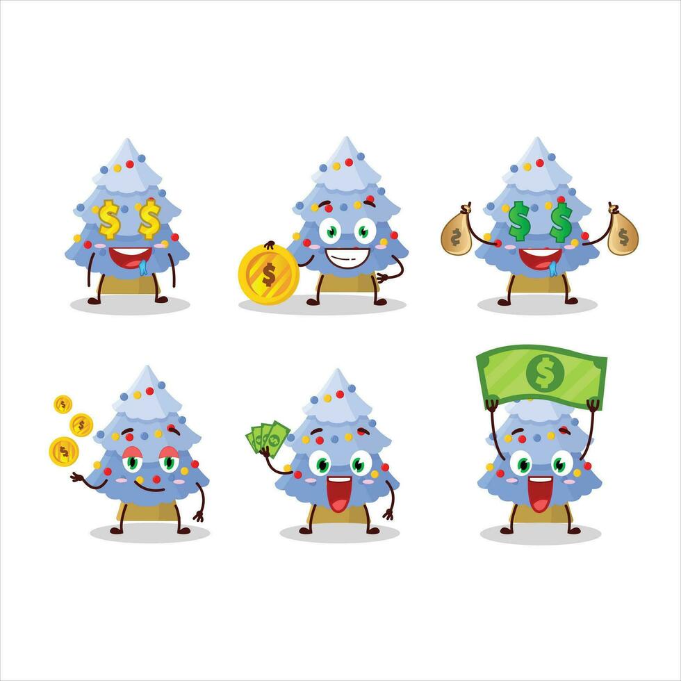 Blue christmas tree cartoon character with cute emoticon bring money vector