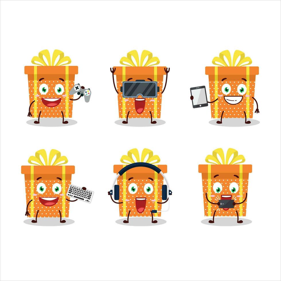 Orange christmas gift cartoon character are playing games with various cute emoticons vector