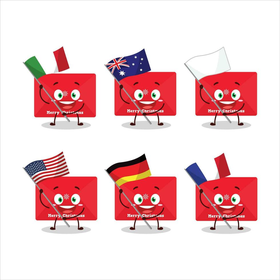 Red christmas envelopes cartoon character bring the flags of various countries vector