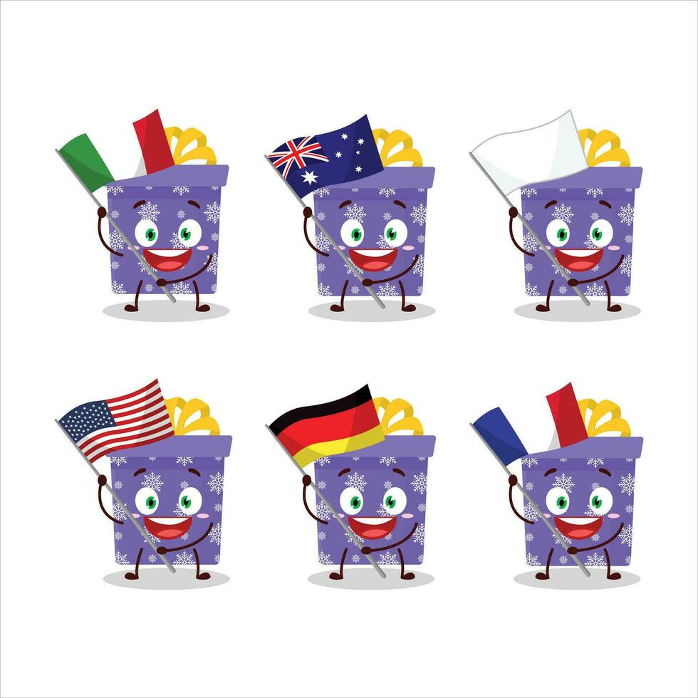 Purple christmas gift cartoon character bring the flags of various countries vector